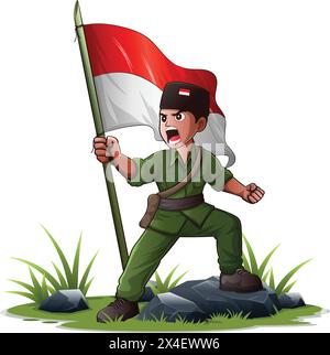 Indonesian hero wearing green army uniforms passionately calling for independence vector illustration Stock Vector
