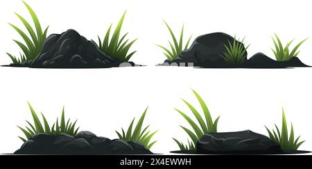 Vector stone with green bush and grass elements collections with flat design Stock Vector