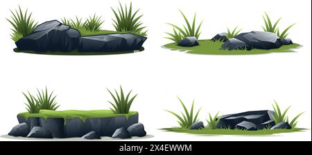 Stone, Grass and bush elements collections with flat design Stock Vector