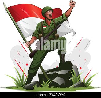 Indonesian independence hero standing on a rock holding a red and white flag vector illustration Stock Vector