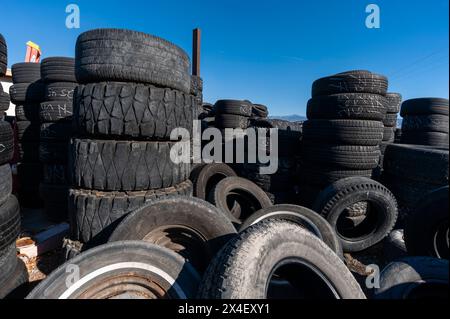 Stacks and piles of old tires designated for recycling. Pahrump, Nevada. Stock Photo