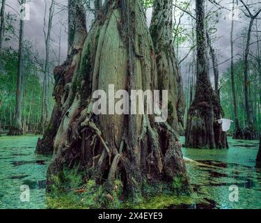 USA, North Carolina, Merchant's Mill Pond State Park. Cypress swamp and great egret in flight. Stock Photo