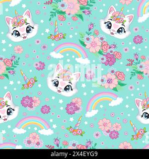 Cat unicorn head on a mint color background seamless pattern Stock Vector