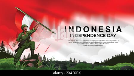 Indonesia Independence day or Hero's Day banner design with hero holding a red white flag illustration Stock Vector