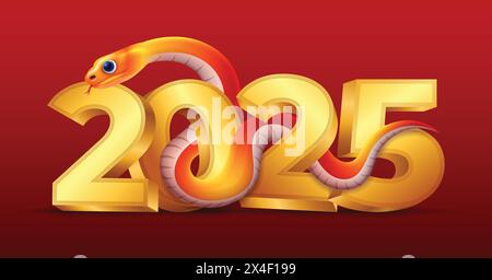 Happy chinese new year 2025. red snake with golden 2025 number design Stock Vector