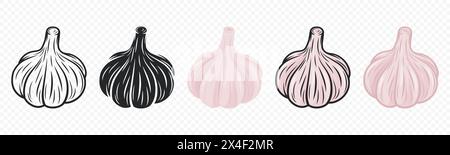 Vector Garlic Bulb Icon Set Closeup, Isolated. Vegetable Vector Illustration. Whole Garlic Head in Flat Style. Hand Drawn Seasoning Spice and Food Stock Vector