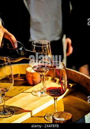 USA, Washington State, Bothell. Man pours red wine into a sunlight glass on a barrel top. Stock Photo