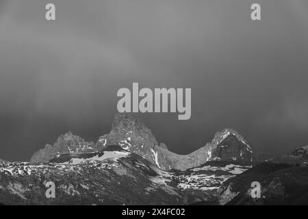 USA, Wyoming. Black and white landscape of Grand Tetons from the West, near Driggs, Idaho and Jackson Hole. Stock Photo