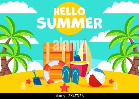 summer season beach background illustration in flat style Stock Vector