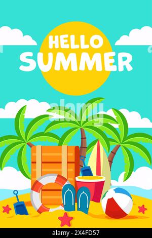 hello summer, vertical banner illustration in flat style Stock Vector