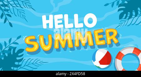 flat design hello summer horizontal banner illustration Stock Vector