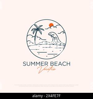 Summer Beach Adventure logo design with line art simple vector minimalist illustration template, travel agency logo designs Stock Vector