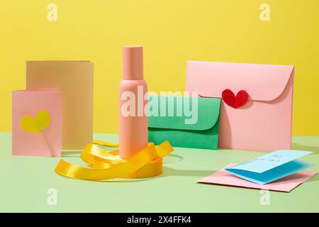 Front view of a pink bottle displayed on yellow ribbon roll with colorful paper cards decorated on yellow background. Mockup bottle unlabeled for desi Stock Photo