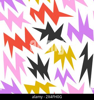 Colorful irregular spark and twinkle seamless pattern. Yellow, red, purple and black sharp shapes repeating background. Bright sharp edgy ornament wallpaper. Vector bright nursery repeated backdrop Stock Vector