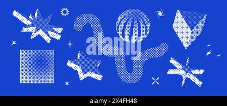 Bitmap pixelated shape set. Dither halftone geometric object collection. White sphere, square, stars, sparkles, prism elements for banner, poster, leaflet. Pixel 3d raster effect bundle. Vector pack Stock Vector