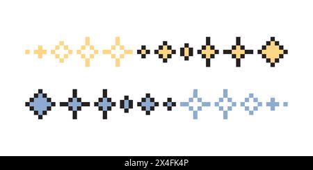 Pixel sparkle set. Shiny stars pixel art icon set. 8-bit stars. Pixelated stars. Sparkling stars pixel art. Stock Vector