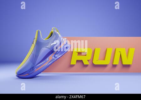 3d illustration of colorful  new sports sneakers on a huge colorful foam sole on a purple  isolated background, sneakers with the phrase run. Fashiona Stock Photo