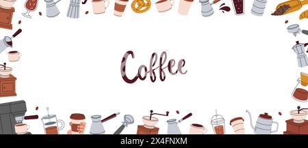 Coffee shop elements in horizontal banner. Cafe menu, coffee shop. Beans, drinks, cups, pot, package, grinder, filter, machine, portafilter, kettle. Stock Vector