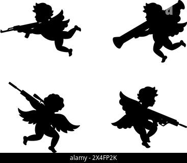 Cupids shooting a guns. Angels with guns. Angel with a wings. Cherubs silhouette. Vector illustration. Stock Vector