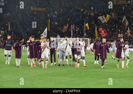 Rome, Italy. 02nd May, 2024. Bayer Leverkusen players celebrate the victory at the end of the match during the Uefa Europa League semifinals first leg match between AS Roma and Bayer Leverkusen at Olympic stadium. Final score; Roma 0;2 Bayer Leverkusen. Credit: SOPA Images Limited/Alamy Live News Stock Photo