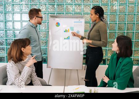Two multiethnic business speakers give flip chart presentation at conference meeting in office. Diverse male and female presenters coaches work in Stock Photo
