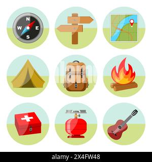 Hiking icons set. Colored round icons on a white background. Stock Vector
