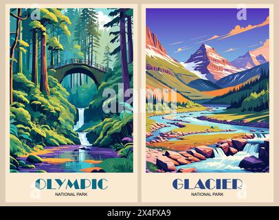 Set of Retro National Parks USA posters vector art Stock Vector Image ...