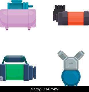 Compressor icons set cartoon vector. Air compressor and piston block. Industrial equipment Stock Vector