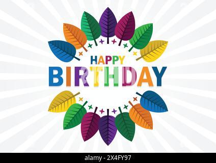 happy birthday card with leafs decoration vector illustration designicon graphic design Stock Vector