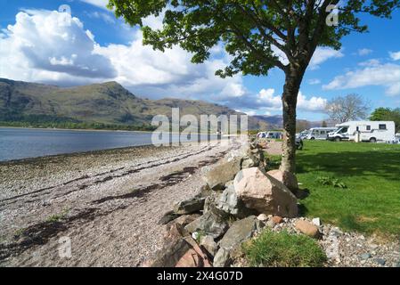 Looking west over Loch Linnhe to Ardgour peninsula, from Onich Caravan club campsite.  Near Fort William, Scotland, UK Stock Photo