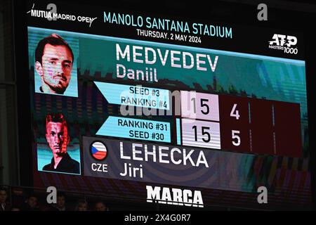 Madrid, Spain. 30th Apr, 2024. The Czech tennis player Jiri Lehecka defeated the Russian Daniil Medvedev, who had to retire, 6:4 in the quarter-finals of the Mutua Madrid Open. Credit: Cesar Luis de Luca/dpa/Alamy Live News Stock Photo