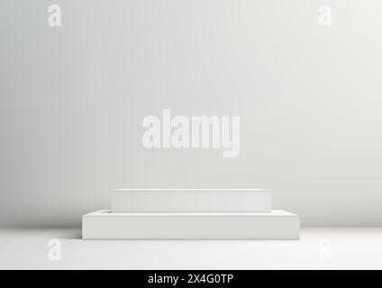 3D white podium stair with a light shines on it, against a white wall background, Minimal style, product display, mockup, showroom, showcase. Vector i Stock Vector