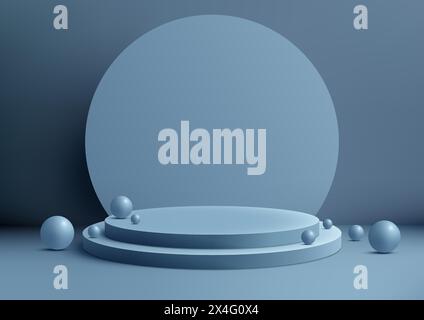 3D blue podium with circle backdrop and many balls elements on a blue background, modern concept, product display, mockup, showroom, showcase. Vector Stock Vector