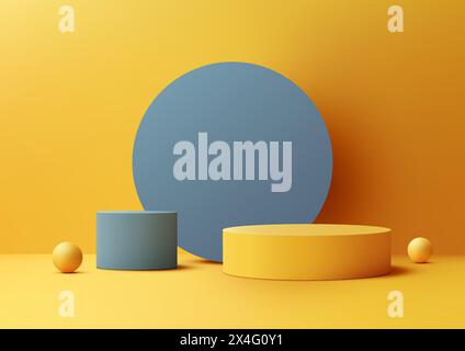 3D blue and yellow cylinder podium with circle and balls elements on yellow background, modern concept, product display, mockup, showroom, showcase. V Stock Vector