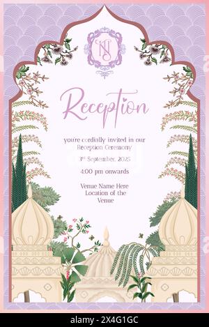 Traditional Indian Mughal Wedding Reception Invitation Card Design with Tropical Tree, Pichwai art, Mughal Decorated Dome, NT Monogram. Stock Vector