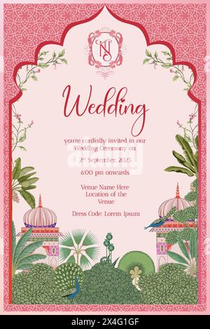 Traditional Indian Mughal Wedding Day Invitation Card Design with arch, NT monogram with crest, Mughal Decorated Dome, Red background tropical tree. Stock Vector