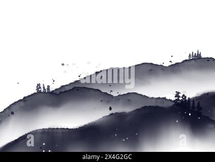 japanese themed hand drawn watercolour landscape background design Stock Vector