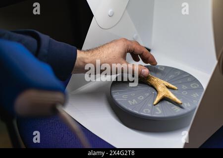 Preparation of a 3d scanner for an object, working the file on a computer then printing it on a 3d printer Stock Photo