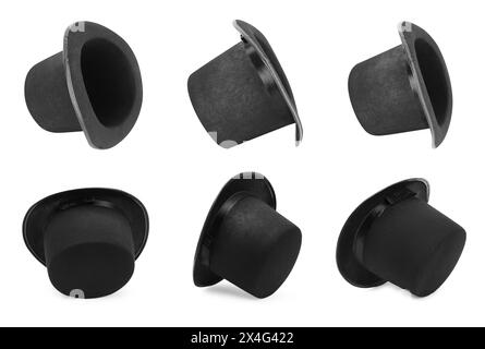 Black magician hats isolated on white, set Stock Photo