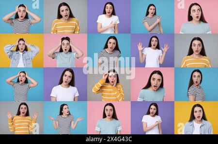 Collage with photos of surprised woman on different color backgrounds Stock Photo