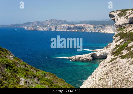 Bonifacio, Corse-du-Sud, Corsica, France. View along rugged limestone cliffs near Capo Pertusato to the distant citadel. Stock Photo
