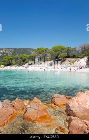 Porto-Vecchio, Corse-du-Sud, Corsica, France. View from rocky headland over clear turquoise water off the Plage de Palombaggia. Stock Photo