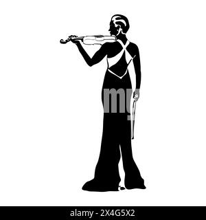 Violinist isolated vector black and white silhouette. Musician standing and playing violin on white background Stock Vector