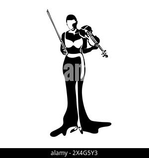 Violinist isolated vector black and white silhouette. Musician standing and playing violin on white background Stock Vector