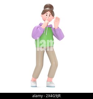 3D illustration of Asian girl Renae in an eavesdropping posture. 3d image.3D rendering on white background. Stock Photo