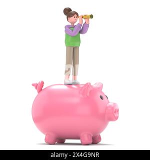 Business vision concept,3D illustration of Asian girl Renae standing on giant piggy bank using telescope to look into the financial. Stock Photo