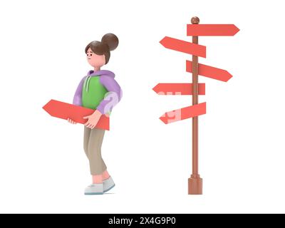 Choose the direction. Directinal concept, 3D illustration in cartoon design.3D illustration of Asian girl Renae.3D rendering on white background. Stock Photo