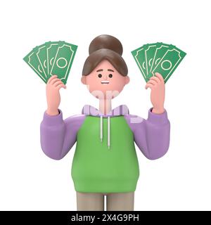 3D illustration of Asian girl Renae with banknotes of money in his hands. The concept of wealth. 3D illustration in cartoon style. Stock Photo