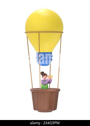 Linear flat line art style idea driven business future forecast concept. Business vision.3D illustration of Asian girl Renae flying balloon lamp. Conc Stock Photo