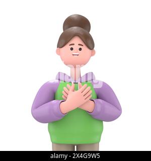 Grateful people smiling with hands on chest.3D illustration of Asian girl Renae with charming sincere smile feeling thankful, relaxed person with than Stock Photo